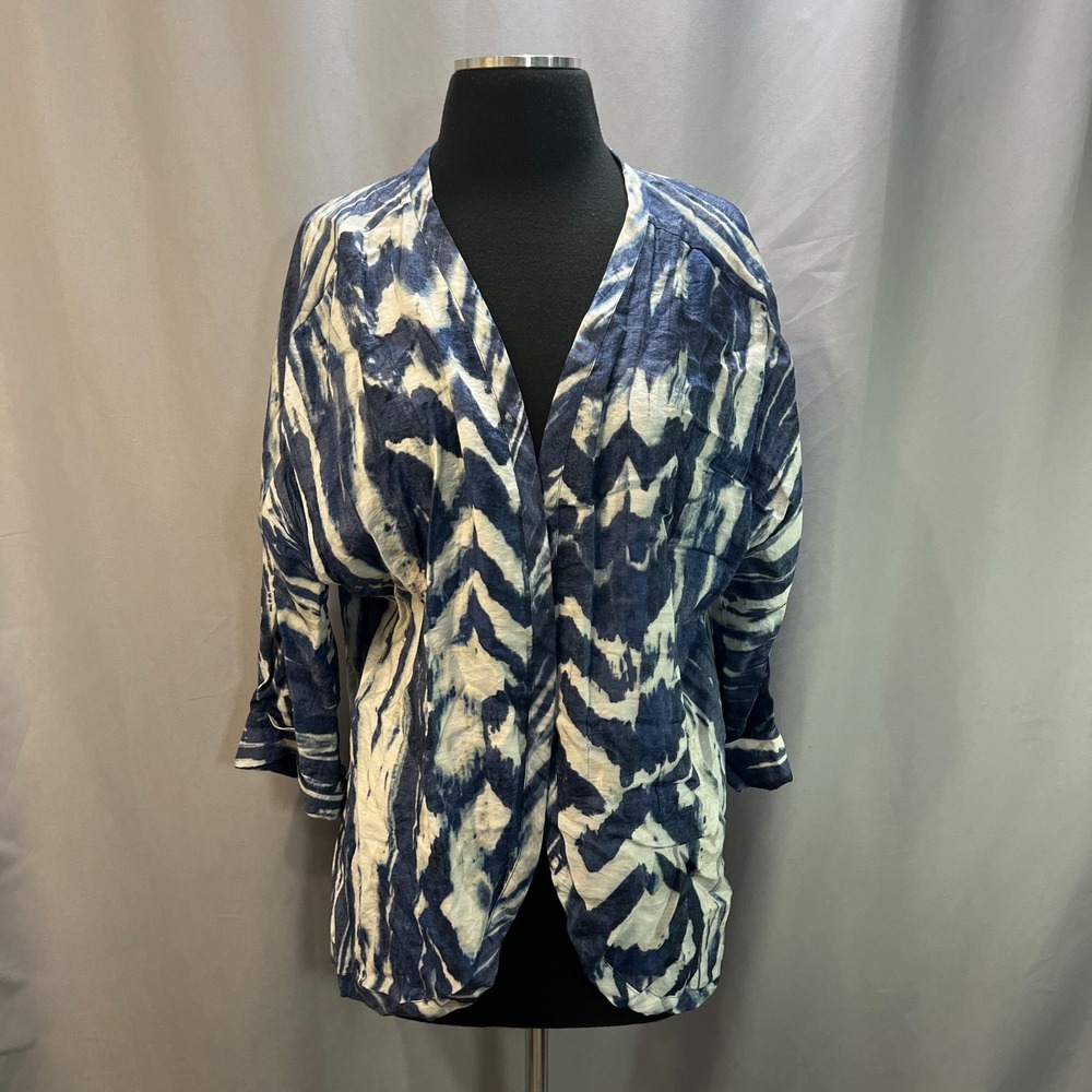 Chico's Cardigan Cover Up Womens Large Navy White Tie Dye Classic Fit Open Front
